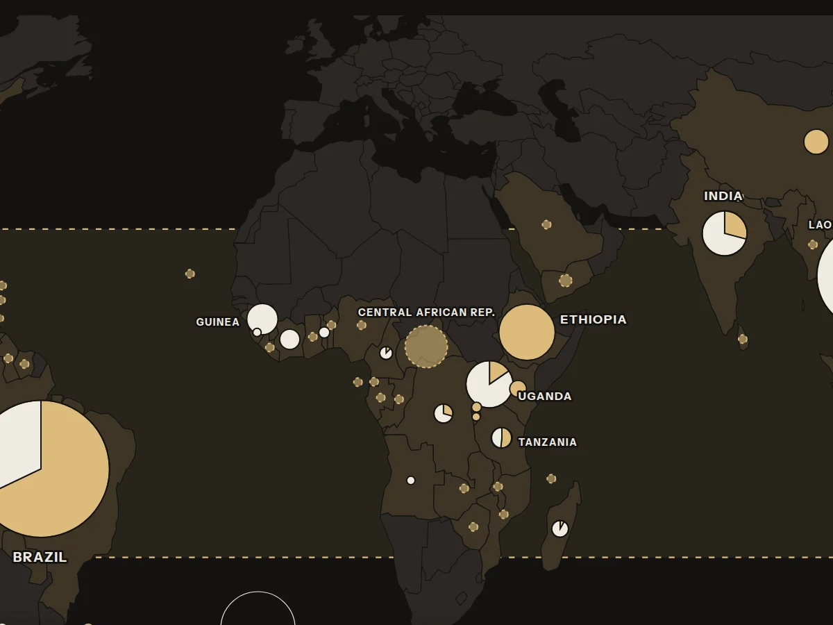 Detail of the poster: the coffee belt across Africa and Asia, with production circles by country